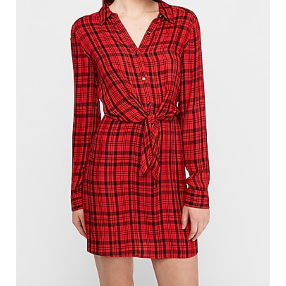 Red Plaid Tie Front Utility Shirt Dress